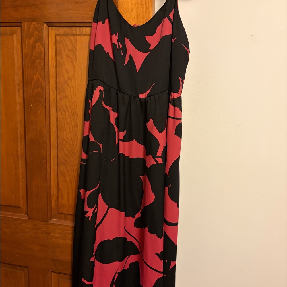 LOFT Black and Dark Pink Floral Maxi Dress
